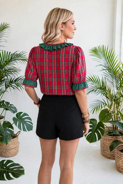 Plaid V-Neck Ruffle Trim Short Sleeve Blouse | S-XL