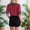  Plaid V-Neck Ruffle Trim Short Sleeve Blouse | S-XL