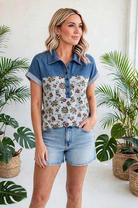 Gorgeous Retro Garden Denim Patchwork Buttoned Collar | S-XL