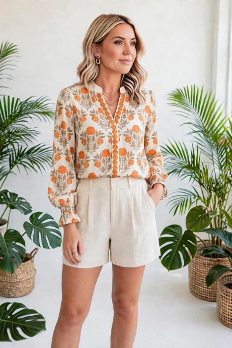 Floral Print V-Neck Long Sleeve Blouse | S-XL