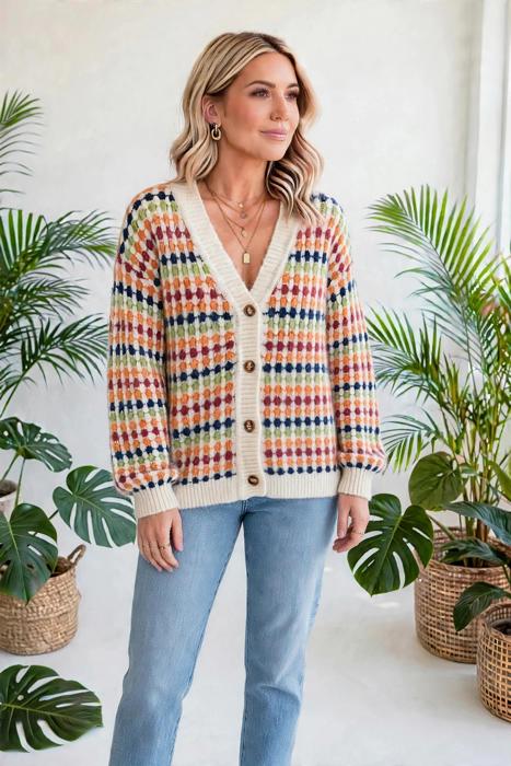 Dot Pattern Knit Button Front V Neck Cardigan | S-XL