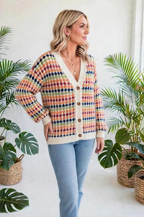 Dot Pattern Knit Button Front V Neck Cardigan | S-XL