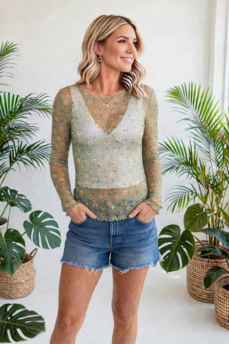 Vintage Floral Print Sheer Long Sleeve Top | S-XL