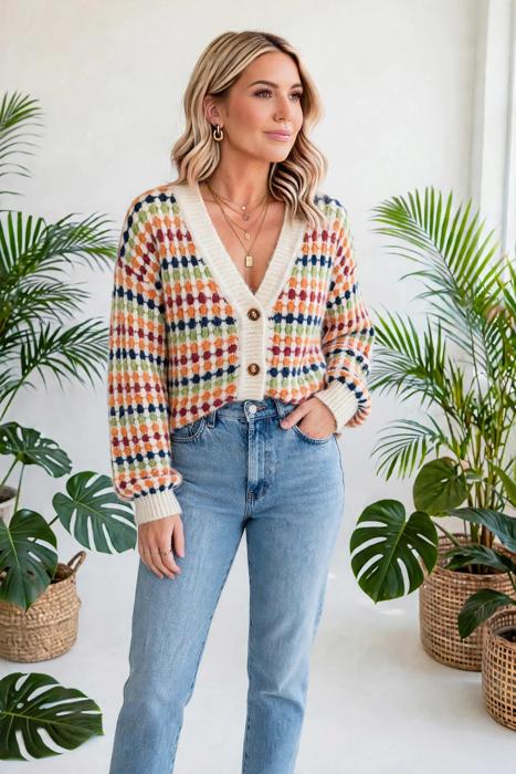Dot Pattern Knit Button Front V Neck Cardigan | S-XL