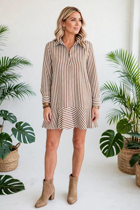 Striped Ruffle Hem Collared Mini Dress | S-XL