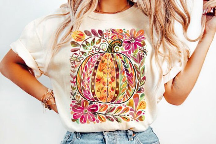 Fall Floral Boho Pumpkin Graphic Tee Watercolor Autumn Harvest Vintage Thanksgiving T-Shirt