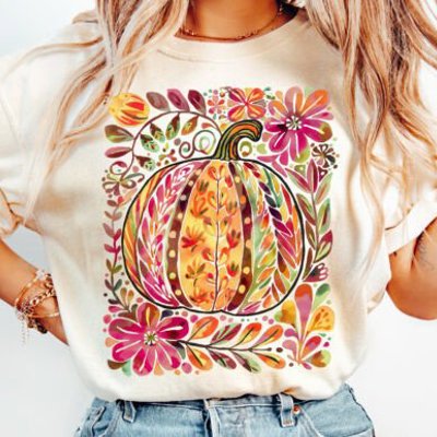 Fall Floral Boho Pumpkin Graphic Tee Watercolor Autumn Harvest Vintage Thanksgiving T-Shirt