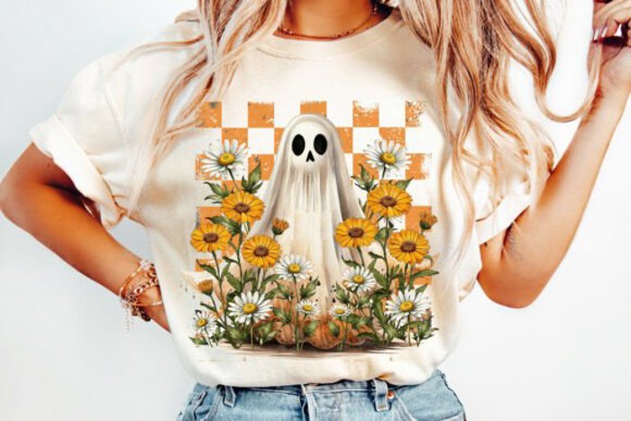 Checkered Ghost Fall Graphic Tee Cute Floral Halloween Pumpkin Aesthetic T-Shirt