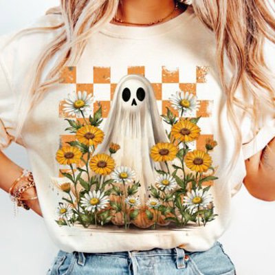 Checkered Ghost Fall Graphic Tee Cute Floral Halloween Pumpkin Aesthetic T-Shirt