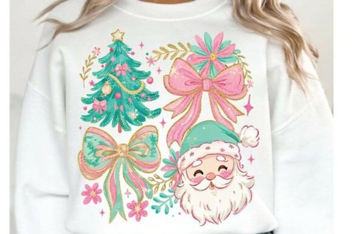 Floral Preppy Christmas Coquette Bow - Pastel Holiday Crew Neck Sweatshirt, Cute Pink and Teal Santa Top, Girly Festive Tree Shirt, Christmas Gift