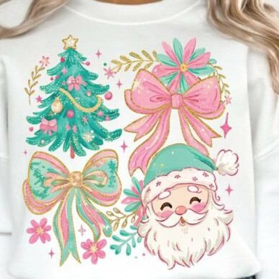 Floral Preppy Christmas Coquette Bow - Pastel Holiday Crew Neck Sweatshirt, Cute Pink and Teal Santa Top, Girly Festive Tree Shirt, Christmas Gift