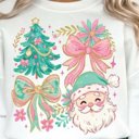  Floral Preppy Christmas Coquette Bow - Pastel Holiday Crew Neck Sweatshirt, Cute Pink and Teal Santa Top, Girly Festive Tree Shirt, Christmas Gift