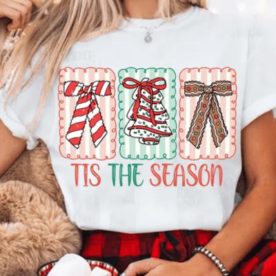 Tis the Season Coquette - Cute Christmas Bow Tee, Holiday Gift Shirt, Festive Gingerbread Cookie Top, Candy Cane Graphic, Girly Holiday Style