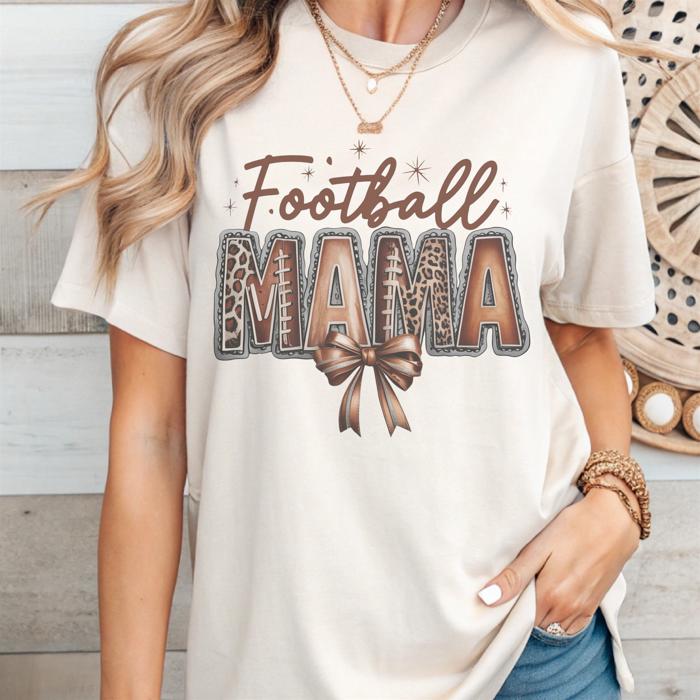 Football Mama Graphic Tee Game Day Leopard Print Bow Shirt, Cute Vintage Sports Top for Moms