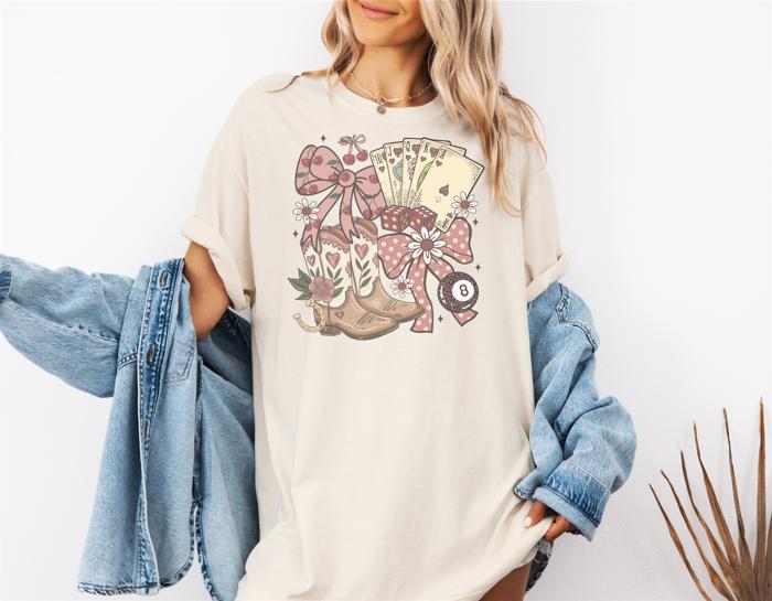 Preppy Cowgirl Coquette Graphic Tee Western Bow Boots Playing Cards Aesthetic Shirt for Women