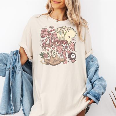 Preppy Cowgirl Coquette Graphic Tee Western Bow Boots Playing Cards Aesthetic Shirt for Women