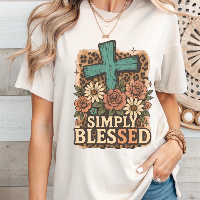 Simply Blessed Graphic Tee Christian Faith Leopard Cross Floral Vintage Shirt for Women