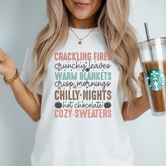 Fall Sayings Crackling Fires Graphic Tee Cozy Autumn Quotes Shirt with Pumpkins, Leaves Sweater Weather Vibes