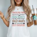  Fall Sayings Crackling Fires Graphic Tee Cozy Autumn Quotes Shirt with Pumpkins, Leaves Sweater Weather Vibes