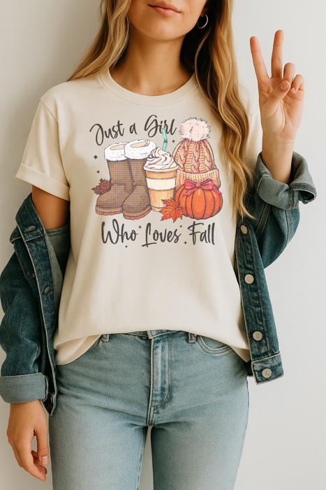 Just Girl Who Loves Fall Graphic Tee Autumn Pumpkin Spice Boots Cozy Season Shirt for Women