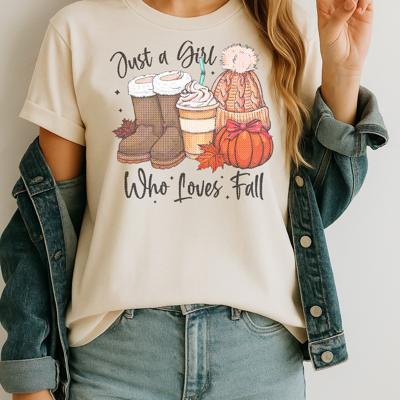 Just Girl Who Loves Fall Graphic Tee Autumn Pumpkin Spice Boots Cozy Season Shirt for Women