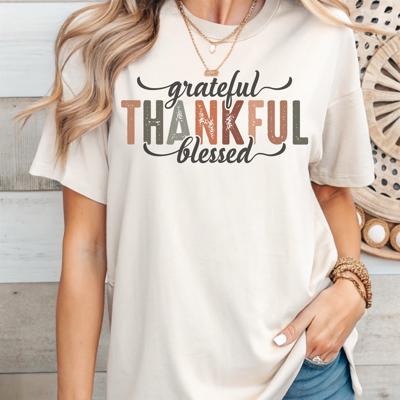 Grateful Thankful Blessed Vintage Distressed Graphic Tee Fall Autumn Inspirational Shirt for Women
