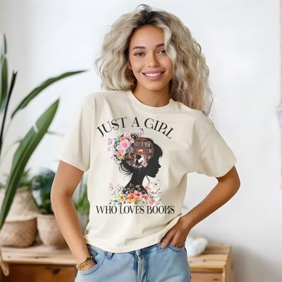 Just a Girl Who Loves Books - Book Lover Tee, Reading Aesthetic Shirt, Bibliophile Gift, Floral Silhouette Graphic Top for Women