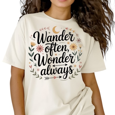 Wander often, Wonder Always- Boho Adventure Graphic Tee Inspirational Travel Shirt with Floral Design, Positive Quote Top for Women
