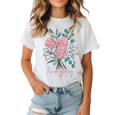 Keep Going Graphic Tee Inspirational Floral Shirt with Roses Lilies, Positive Quote Top, Uplifting Gift for Women