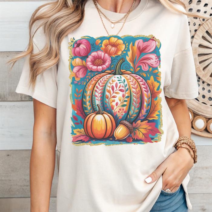 Fall Boho Colorful Pumpkin - Graphic Tee Retro Floral Autumn Shirt for Women, Thanksgiving Outfit, Harvest Festival Top