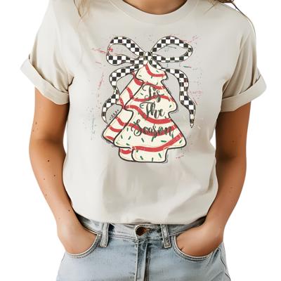 Christmas Tree Cake Coquette Checkered Graphic Tee Cute Holiday Shirt with Bow and Stripes, Festive Vintage Christmas Top, Trendy Winter Gift for Women