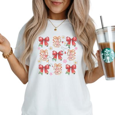 Teacher Merry Christmas Coquette Preppy Graphic Tee Cute Holiday Shirt with Red Bows and Gingerbread Bells, Festive Classroom Top, Trendy Gift for Teachers