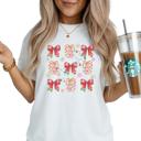  Teacher Merry Christmas Coquette Preppy Graphic Tee Cute Holiday Shirt with Red Bows and Gingerbread Bells, Festive Classroom Top, Trendy Gift for Teachers