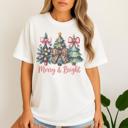  Merry and Bright Christmas Trees Graphic Tee Festive Holiday Shirt with Leopard and Pink Bows, Cute Winter Top, Cozy Gift for Women