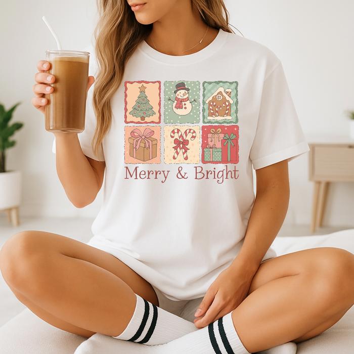 Floral Preppy Christmas Bow Tree Stamps Graphic Tee Merry & Bright Holiday Shirt, Vintage Pastel Christmas Top, Cute Gift for Women