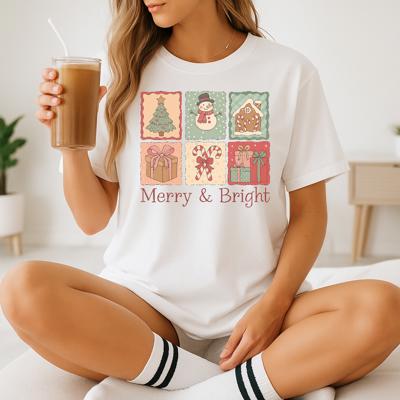 Floral Preppy Christmas Bow Tree Stamps Graphic Tee Merry & Bright Holiday Shirt, Vintage Pastel Christmas Top, Cute Gift for Women