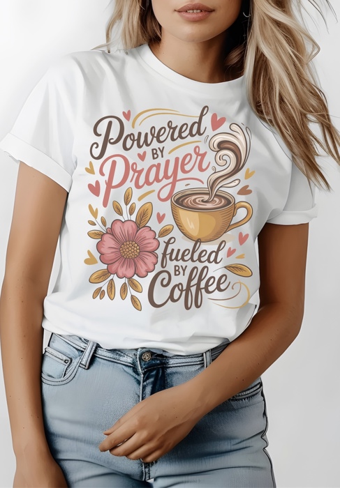 Powered by Prayer Fueled by Coffee Graphic Tee Faith and Coffee Lover Shirt, Inspirational Christian Top, Cute Floral Spiritual Gift for Women