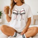  Baseball Bow Graphic Tee Cute Sporty Shirt for Women, Vintage Softball Aesthetic Top, Game Day Outfit, Trendy Spring and Summer Style