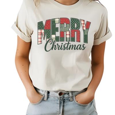 Merry Christmas Patchwork Graphic Tee ? Vintage Holiday Shirt with Plaid Letters, Festive Red and Green Christmas Top, Cozy Winter Gift