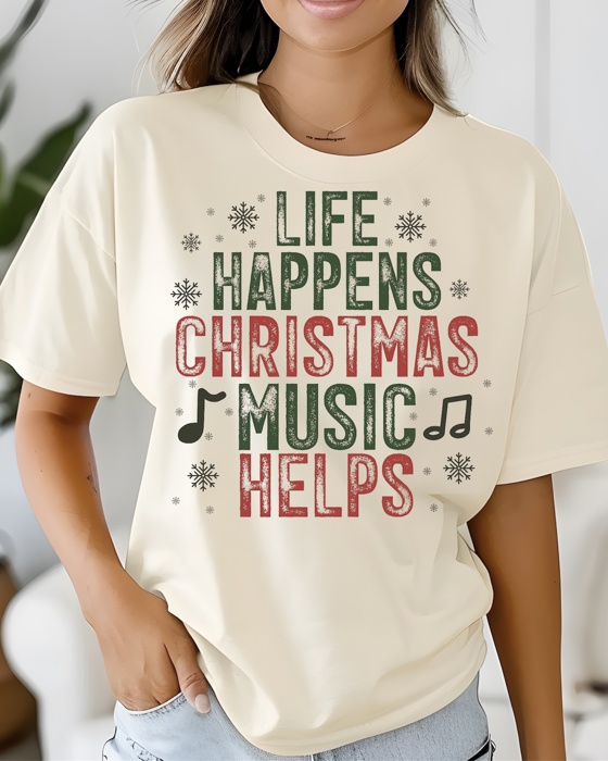 Life Happens, Christmas Music Helps Graphic Tee Festive Holiday Shirt, Vintage Red and Green Lettering, Funny Christmas Gift for Music Lovers