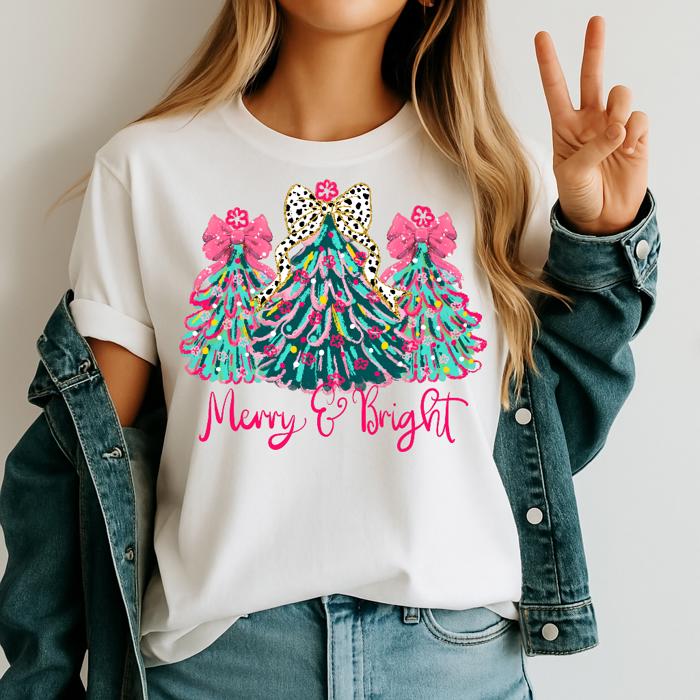 Merry and Bright Christmas Tree Coquette - Pink Bow Holiday Shirt, Cute Leopard Print Tree Tee, Festive Girly Christmas Top, Trendy Holiday Gift