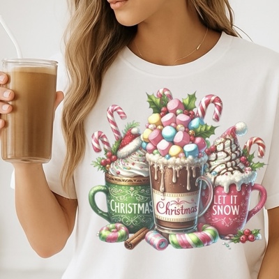 Let It Snow Christmas Coffee - Holiday Hot Cocoa Mug Tee, Festive Candy Cane Shirt, Cute Winter Marshmallow Top, Cozy Christmas Gift