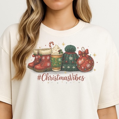 Christmas Vibes Cocoa Mug – Festive Holiday Graphic Tee, Cozy Winter Coffee Shirt, Cute Christmas Gift Top for Women
