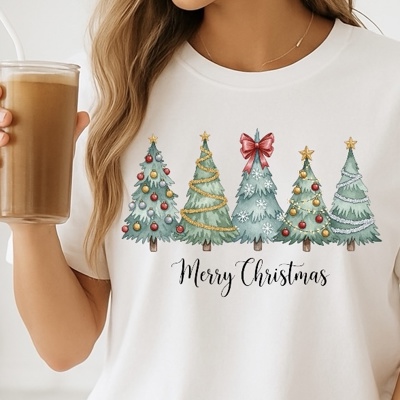 Watercolor Merry Christmas Tree – Festive Holiday Graphic Tee, Pastel Christmas Shirt, Cute Winter Gift Top for Women