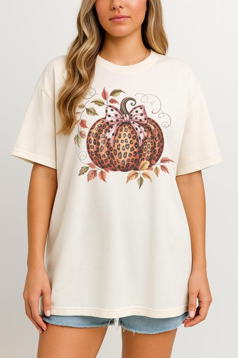 Leopard Print Pumpkin Graphic Tee – Fall Bow Pumpkin Shirt, Trendy Autumn Leopard Top, Cute Thanksgiving Outfit for Women