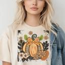  Floral Leopard Pumpkin Fall Graphic Tee – Vintage Boho Autumn Top, Trendy Thanksgiving Shirt, Cozy Seasonal Outfit for Women