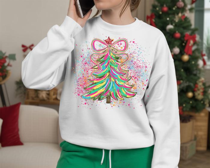 Colorful Coquette Christmas Tree - Bright Holiday Crew Neck Sweatshirt, Girly Bow Festive Top, Neon Splatter Winter Shirt, Fun Christmas Gift