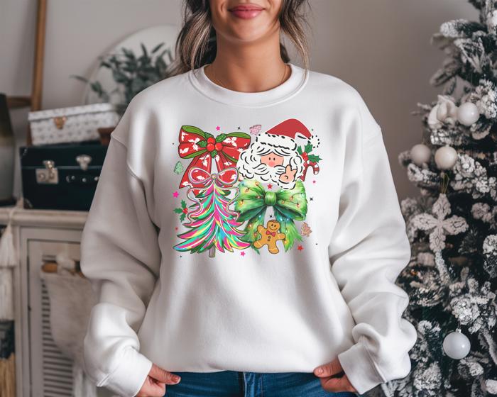 Preppy Santa Doodles with Christmas Tree - Colorful Coquette Crew Neck Sweatshirt, Cute Holiday Bow Top, Festive Gingerbread Graphic, Christmas Gift
