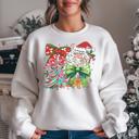  Preppy Santa Doodles with Christmas Tree - Colorful Coquette Crew Neck Sweatshirt, Cute Holiday Bow Top, Festive Gingerbread Graphic, Christmas Gift