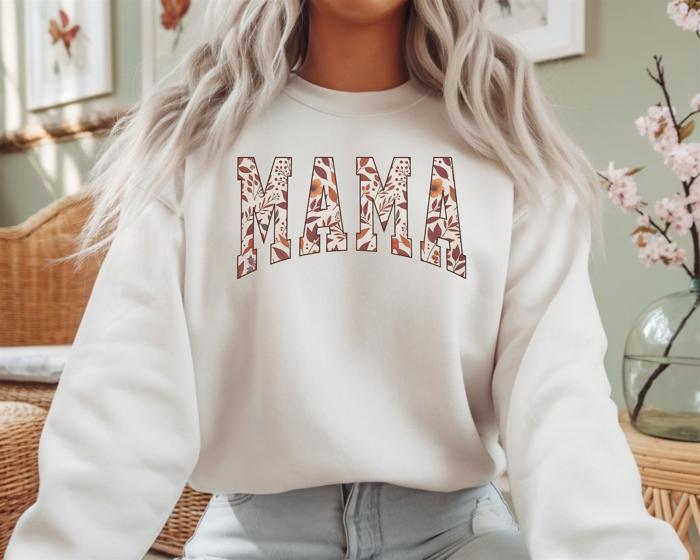 Mama Autumn Lettering Fall - Cozy Crew Neck Sweatshirt, Retro Floral Print Top, Cute Neutral Thanksgiving Shirt, Gift for Moms and Fall Lovers